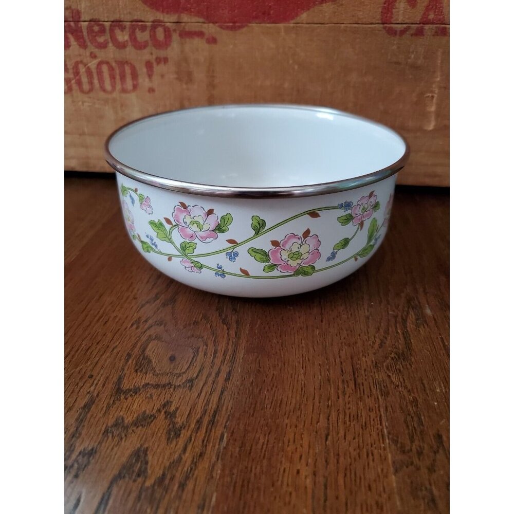 Vtg Kobe Kitchen 6.5" Pink Floral Enamel Bowl Mixing Nesting